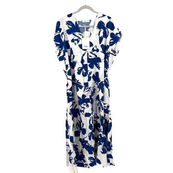 M&V Floral Print Tie Belt Midi Dress in blue white Size L/XL - Picture 1 of 13